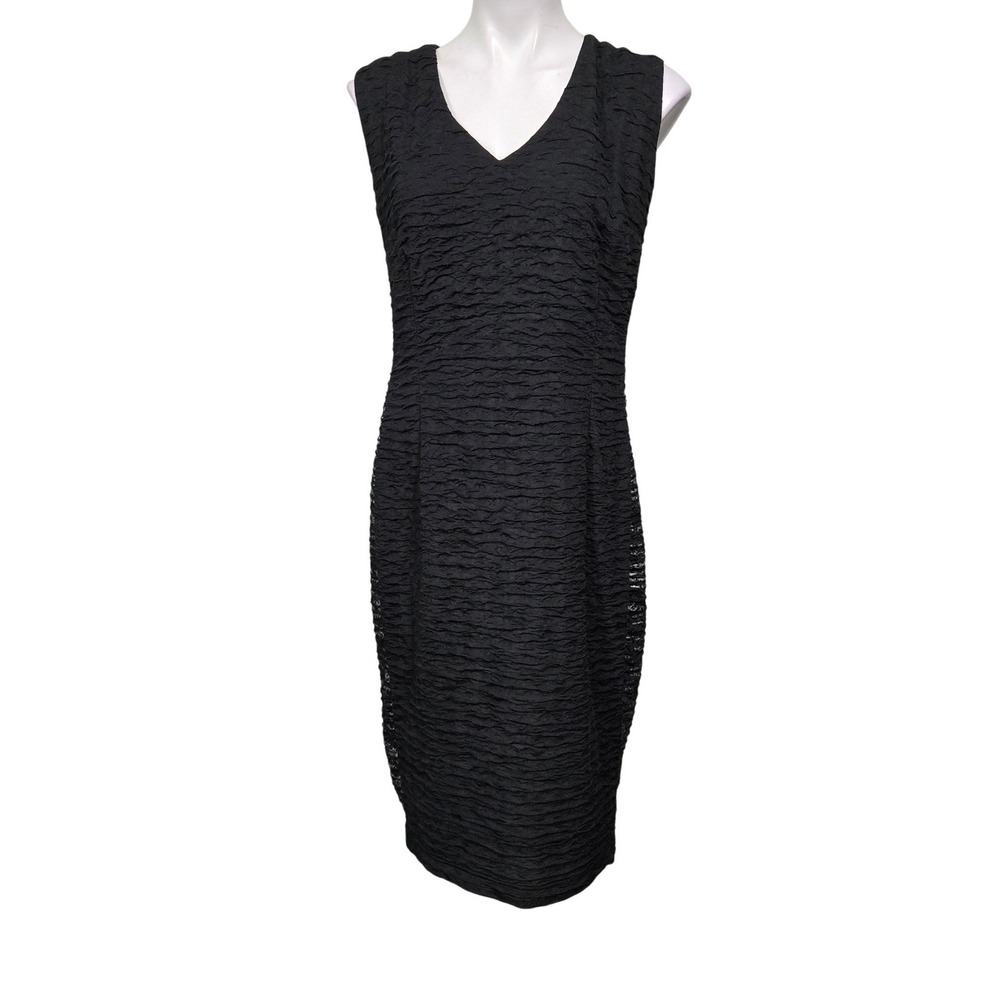 Ashro Womens XL Black Textured Crinkle V-Neck Sleeveless Lined Sheath Midi Dress